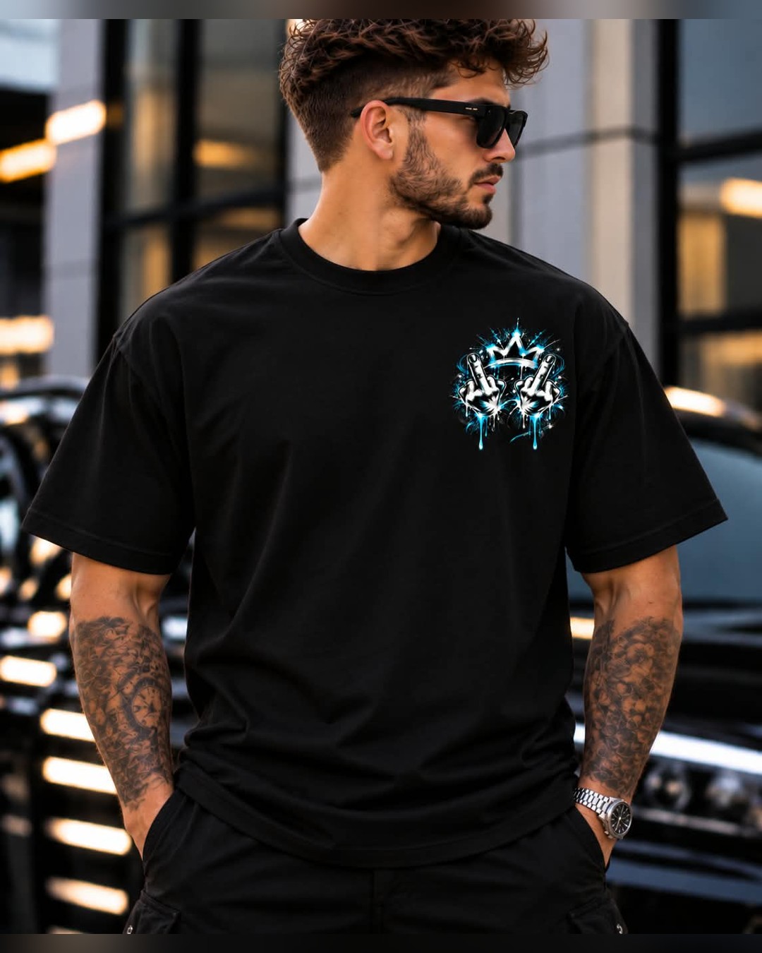 Tee-Shirt Crown Cyan — Noir